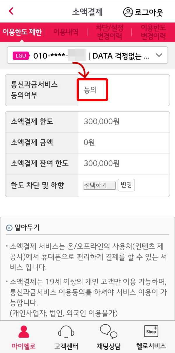 소액결제 동의 클릭