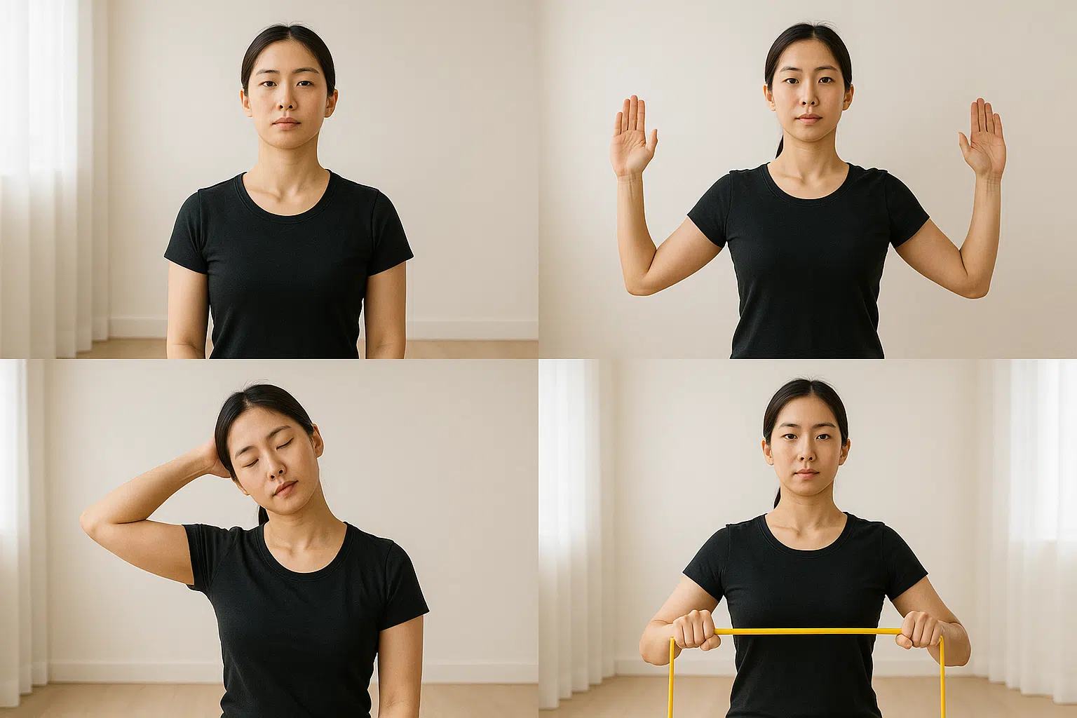 Chin-tuck, Wall-angel, 목 측면 스트레치, 밴드 로우 운동 장면