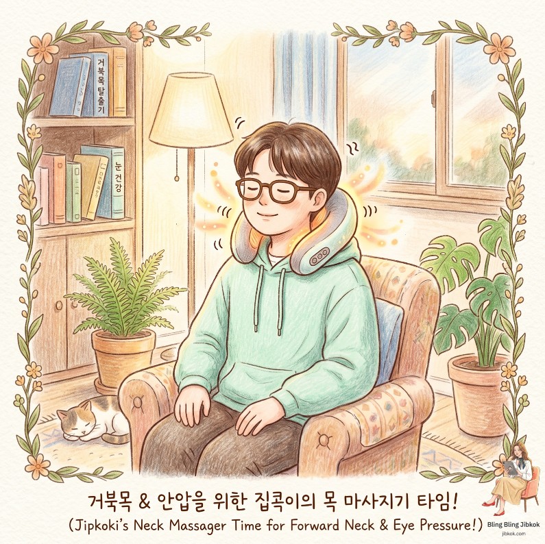 거북목 교정과 안압 낮추기를 위해 집콕이가 색연필로 따뜻하고 부드럽게 그린 목 마사지기 일러스트 (Forward head posture neck massager care)