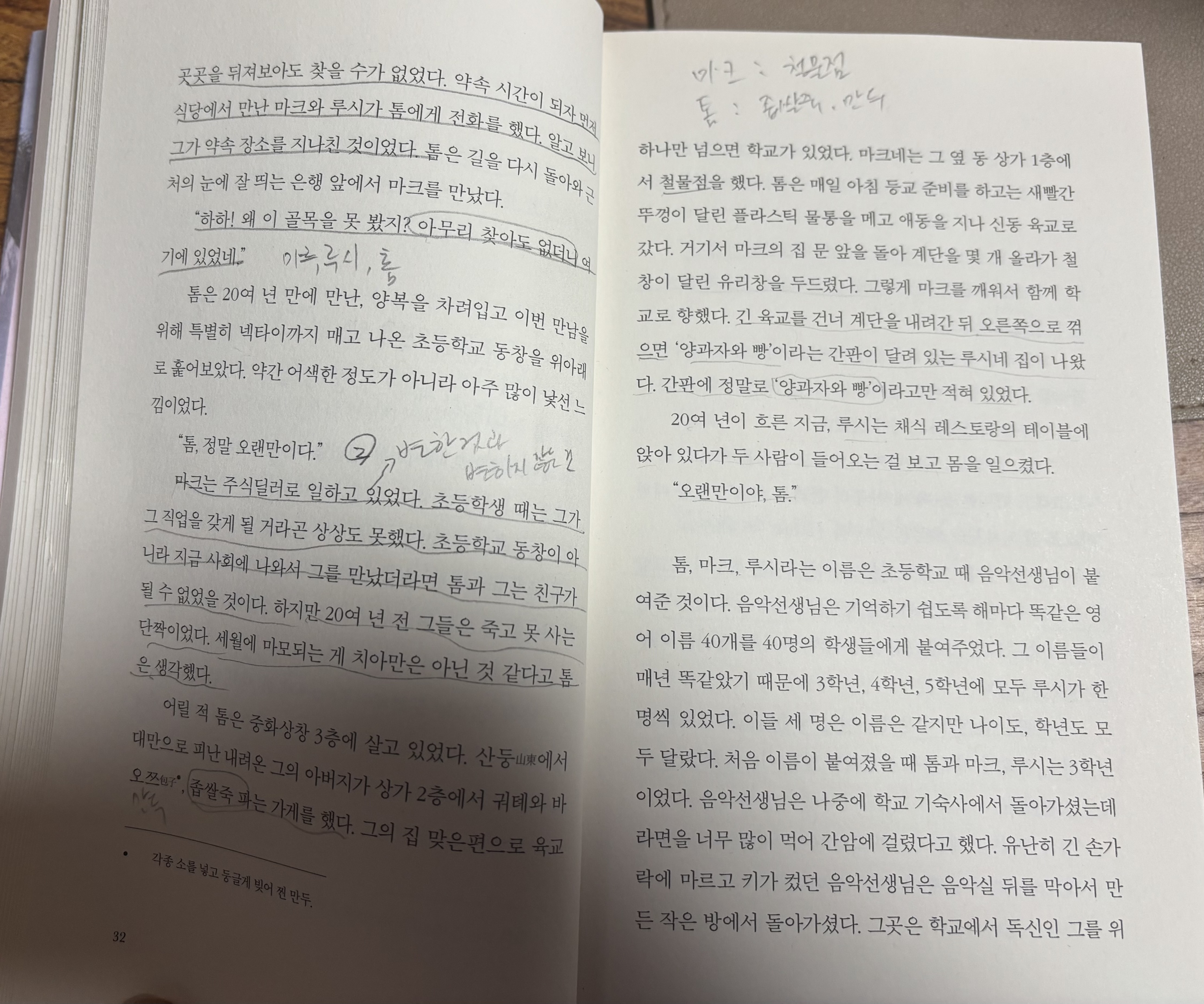 『99층』 본문 페이지. 시간의 흐름 속에서 다시 만난 친구들과 기억을 그려내는 장면을 담은 소설 사진.