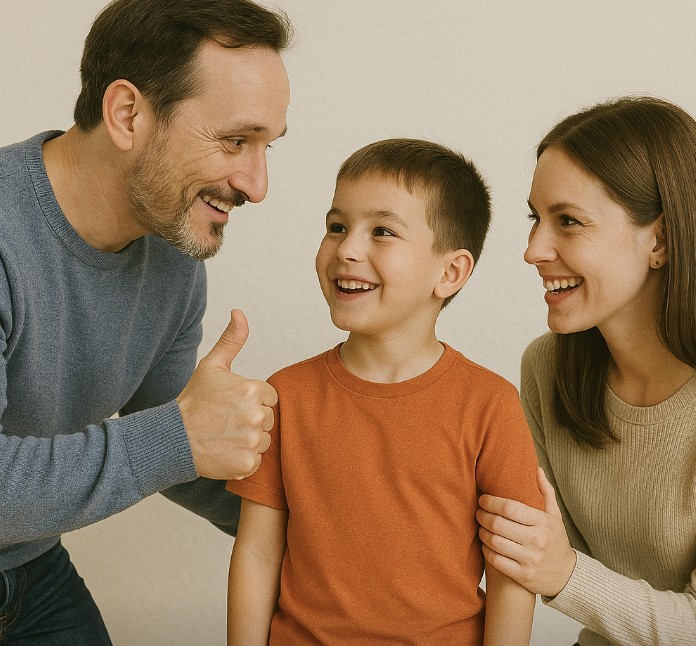 아들에게 칭찬하는 부모 사진