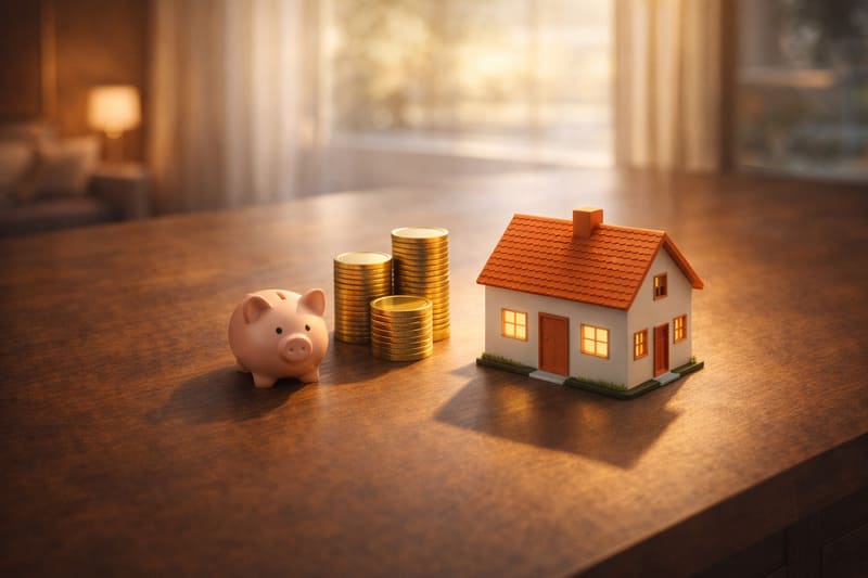 미니어처 집과 돼지저금통, 쌓인 금화들. 2026년 주택연금 개편의 핵심인 초기보증료 인하와 안정적인 연금 수령을 상징하는 이미지