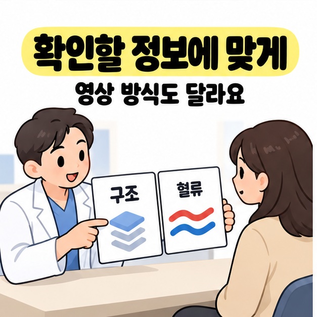 구조와 혈류를 나타낸 두 카드를 의료진이 환자에게 보여주며 영상 방식의 차이를 설명하는 그림