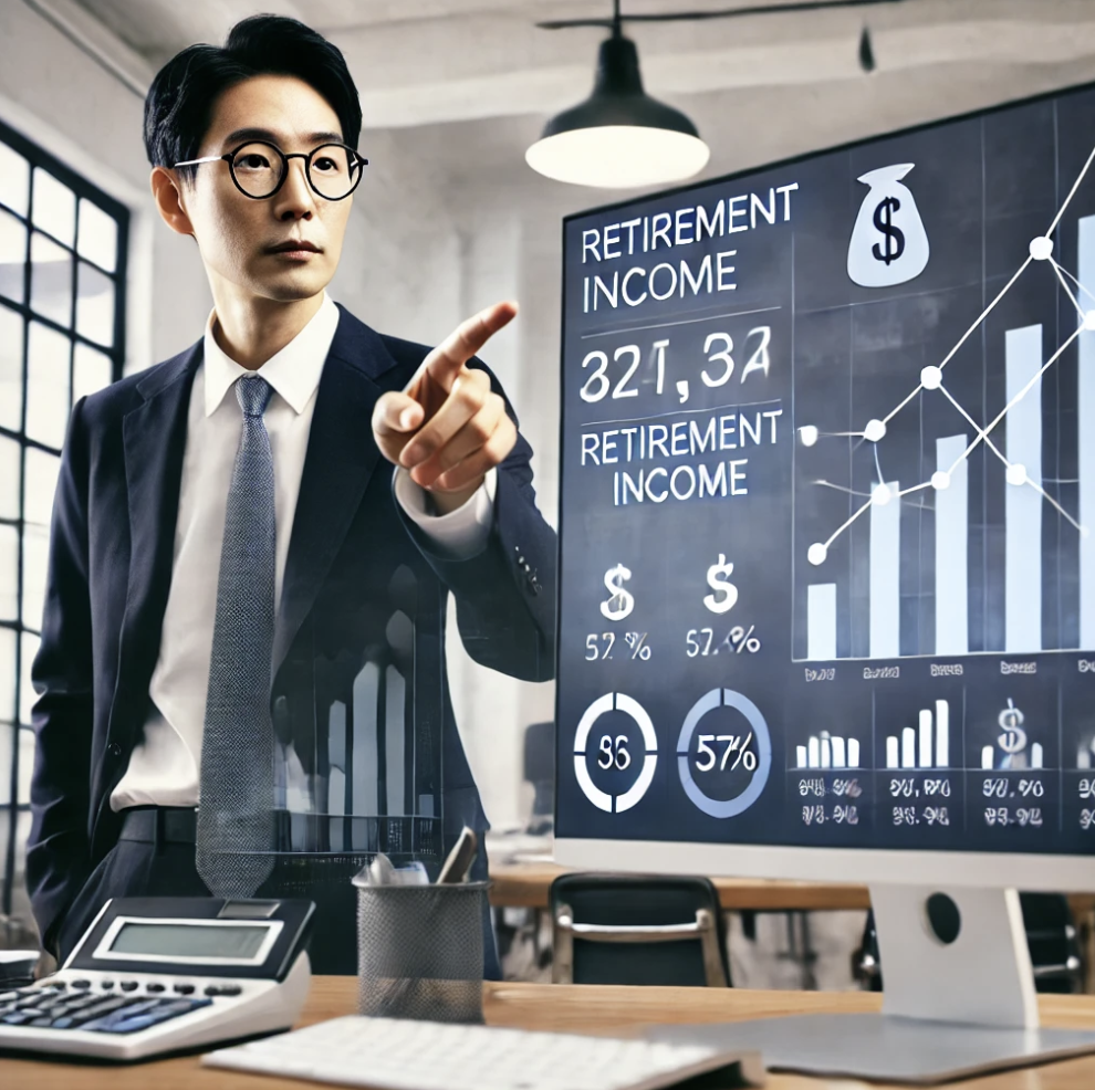 퇴직 소득 금액을 계산하며 컴퓨터 화면에 데이터를 확인하는 전문가