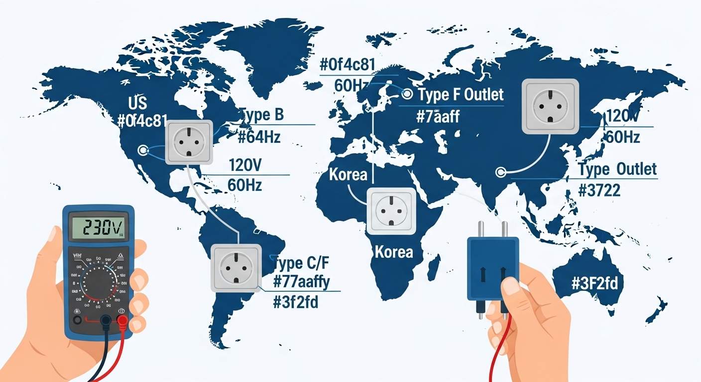 가전제품의 전압, 주파수, 플러그 타입을 확인하여 국내 사용 가능 여부를 점검하는 인포그래픽.