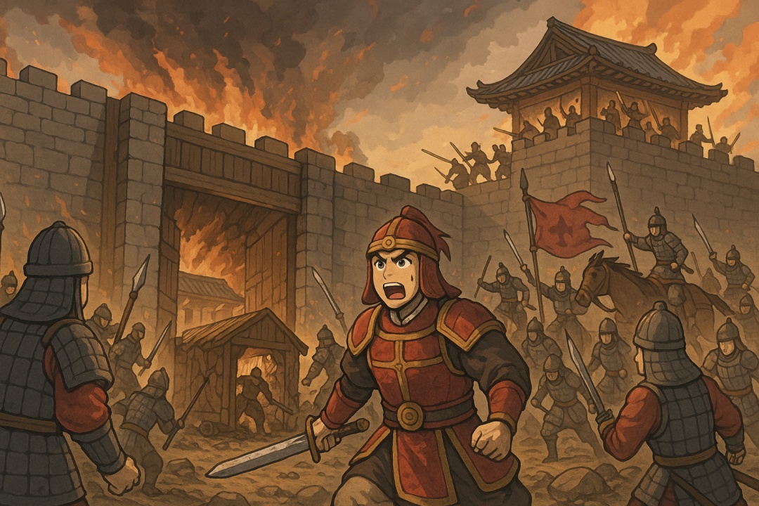 불길에 휩싸인 대야성의 성문을 돌파하는 백제 군사들, 혼란스러운 전투 속에서 방패와 창을 든 병사들이 성벽을 오르고 있으며 붉은 기가 휘날리는 장면.