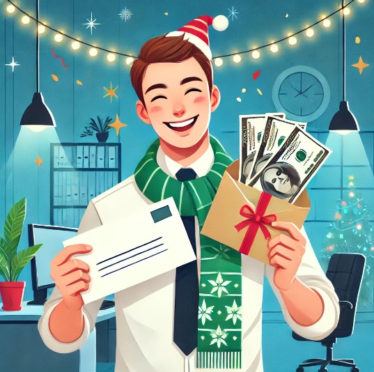 연말 보너스를 받아 기뻐하는 직장인 사진