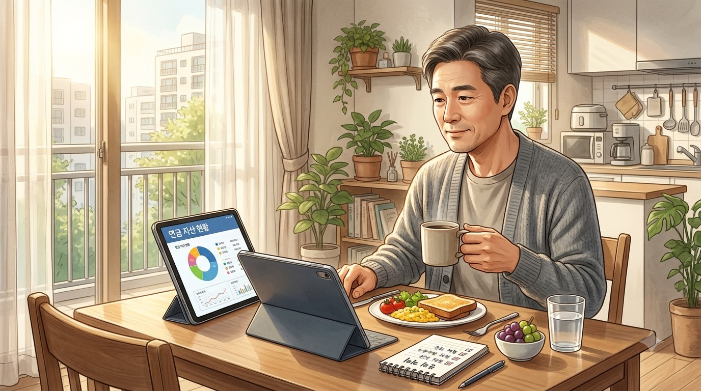 주말 아침 식탁에서 커피를 마시며 태블릿으로 연금 계좌를 차분히 확인하는 50대 남성