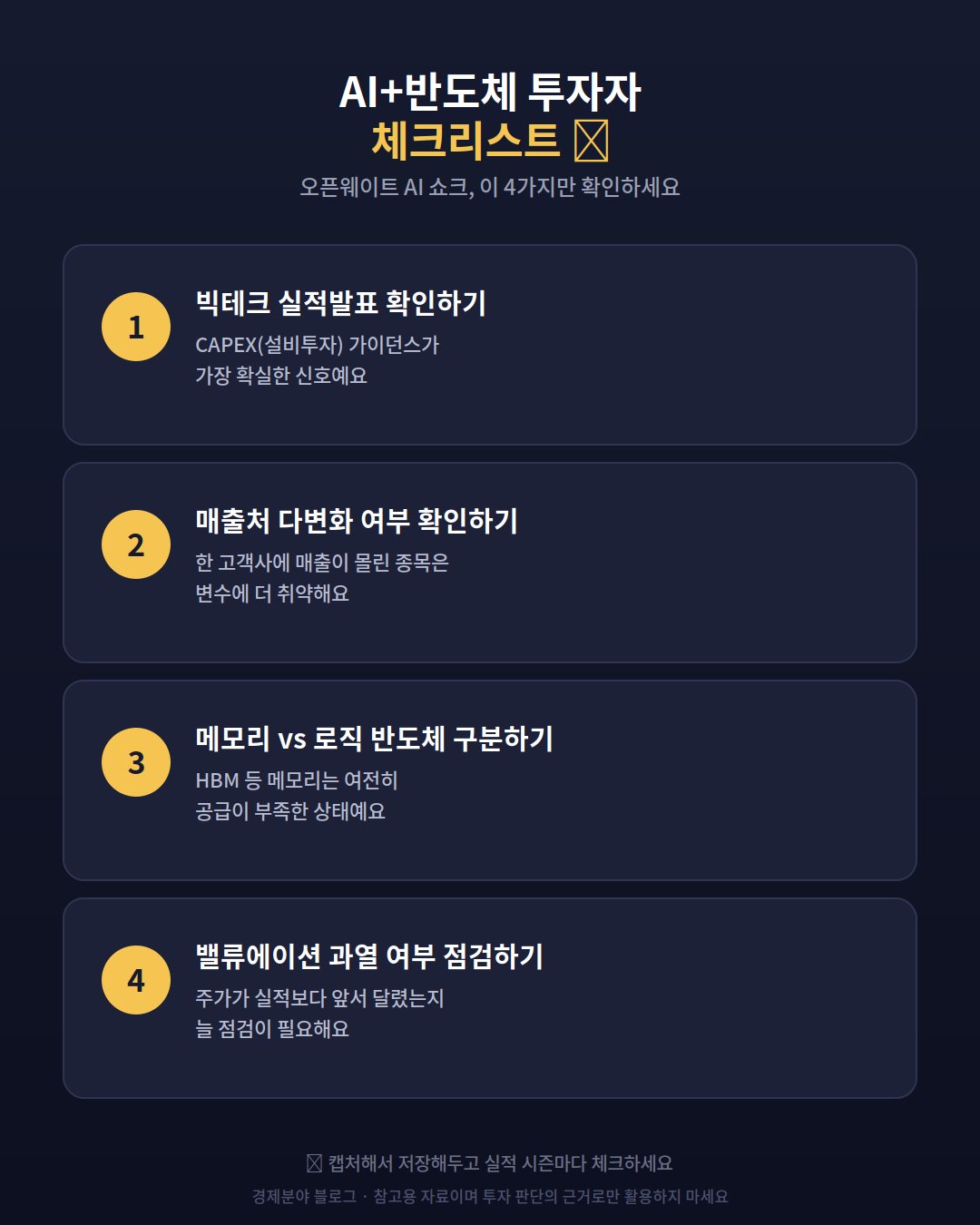 AI 반도체 투자자를 위한 4가지 체크리스트 인포그래픽, 실적발표 매출처 메모리반도체 밸류에이션 점검