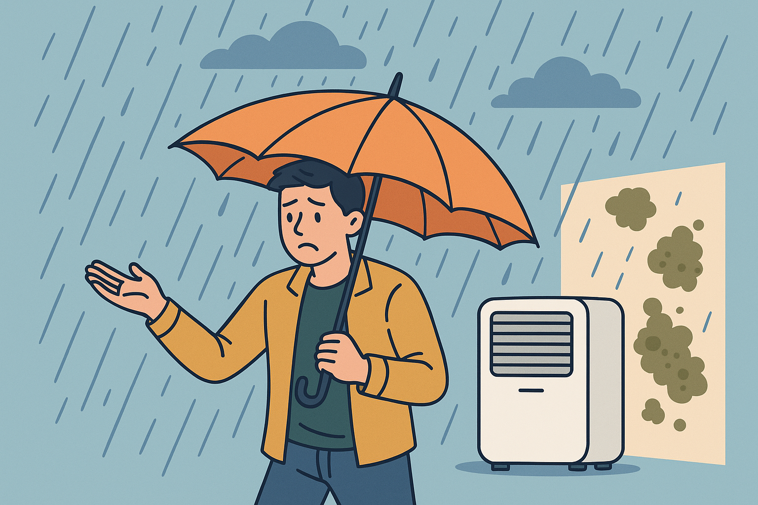 “장마철 빗속에서 주황색 우산을 든 남성이 걱정스러운 표정을 짓고 있고, 옆에는 제습기와 곰팡이가 핀 벽이 있는 일러스트”