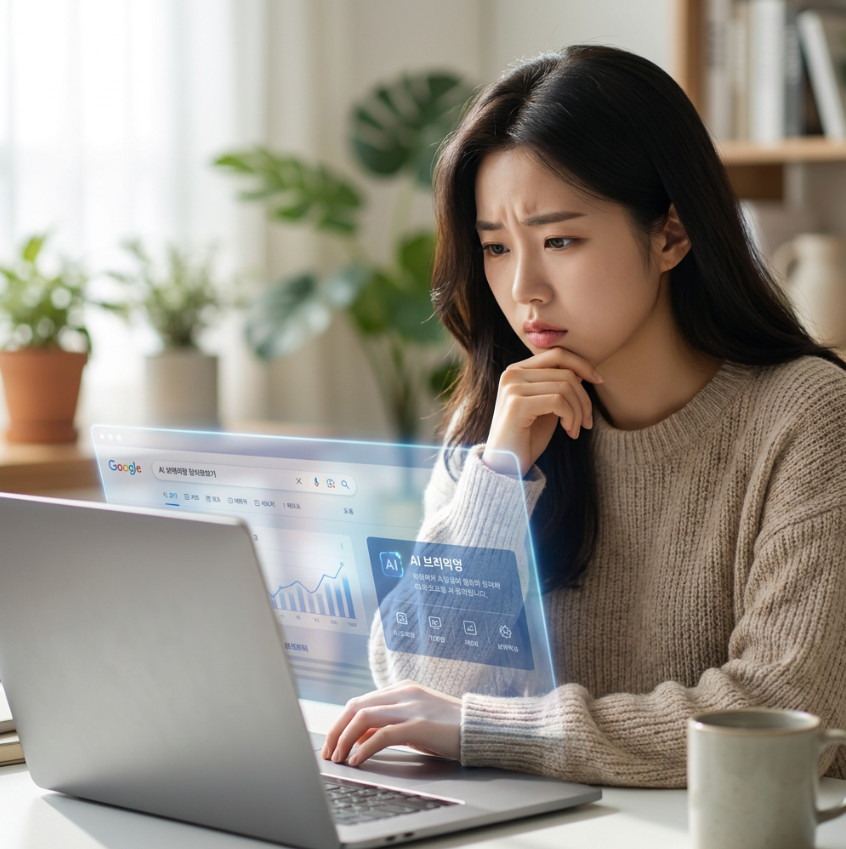 네이버 AI 검색 변화로 고민하는 블로거의 모습과 화면 속 AI 브리핑 인터페이스