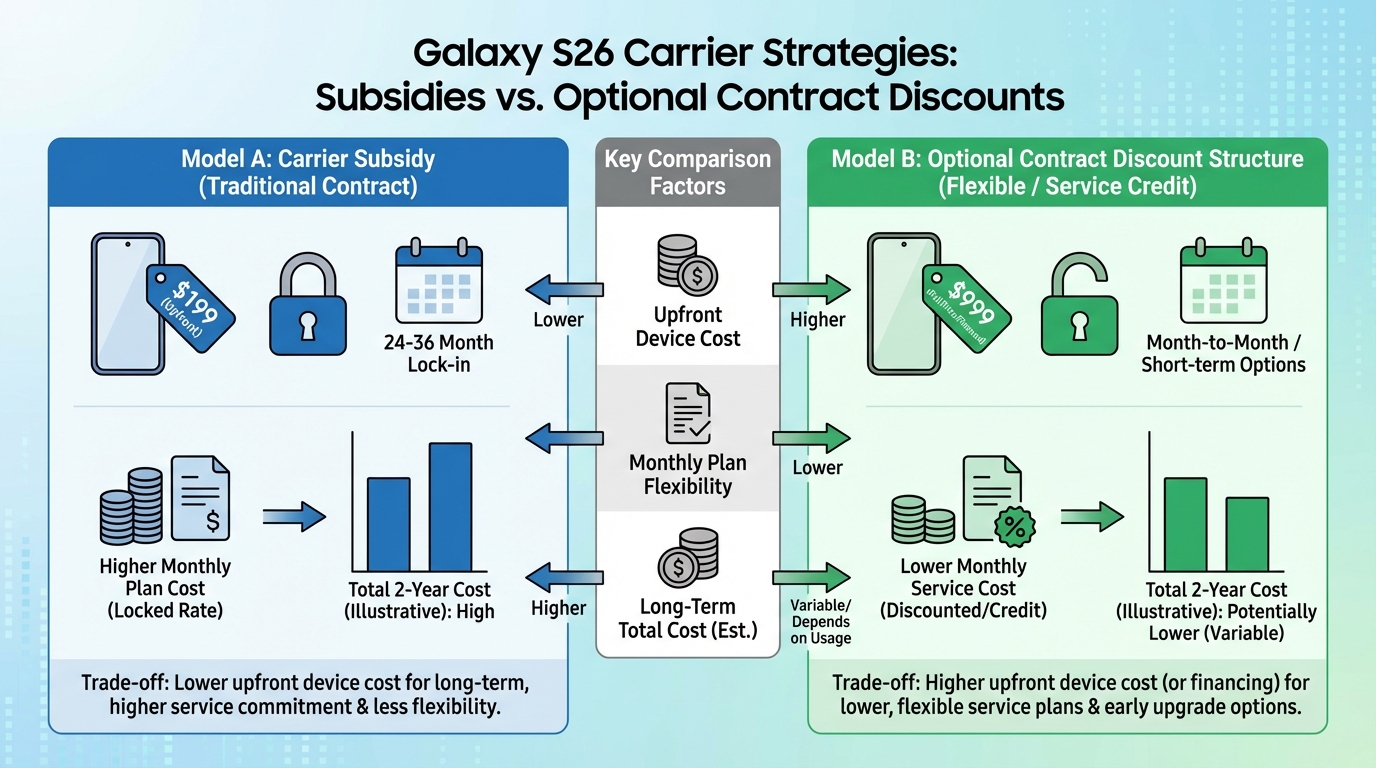 갤럭시 S26 통신사 공시지원금과 선택약정 할인 구조를 비교하는 인포그래픽