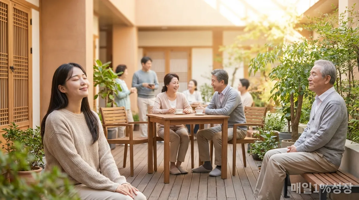 다양한 연령대의 한국인들이 명상을 통해 평화롭고 행복한 표정을 짓고 있는 모습. 불안, 스트레스, 우울감 완화 효과를 상징.