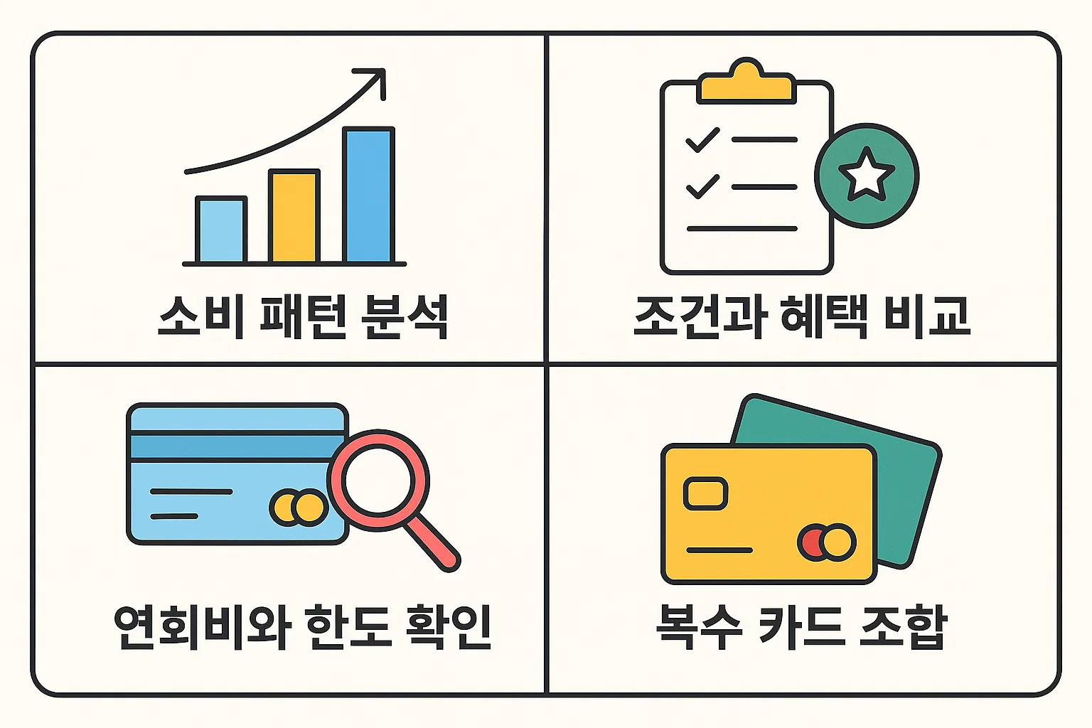 신용카드 선택 시 소비 패턴 분석, 조건과 혜택 비교, 연회비와 한도 확인, 복수 카드 조합 전략을 알려주는 인포그래픽