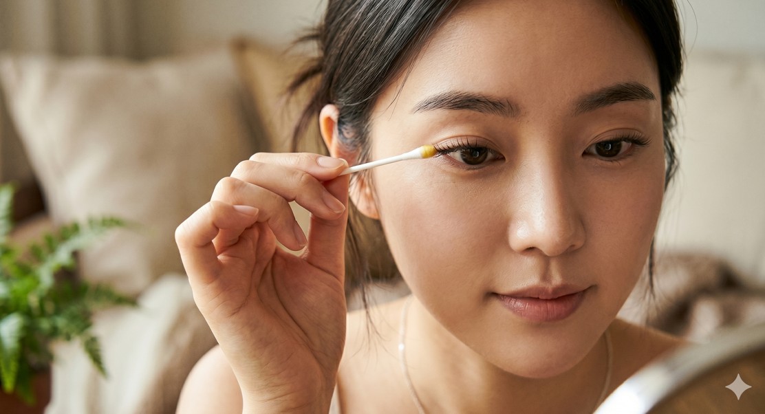 면봉을 이용해 속눈썹에 정성스럽게 오일을 바르는 여성의 모습