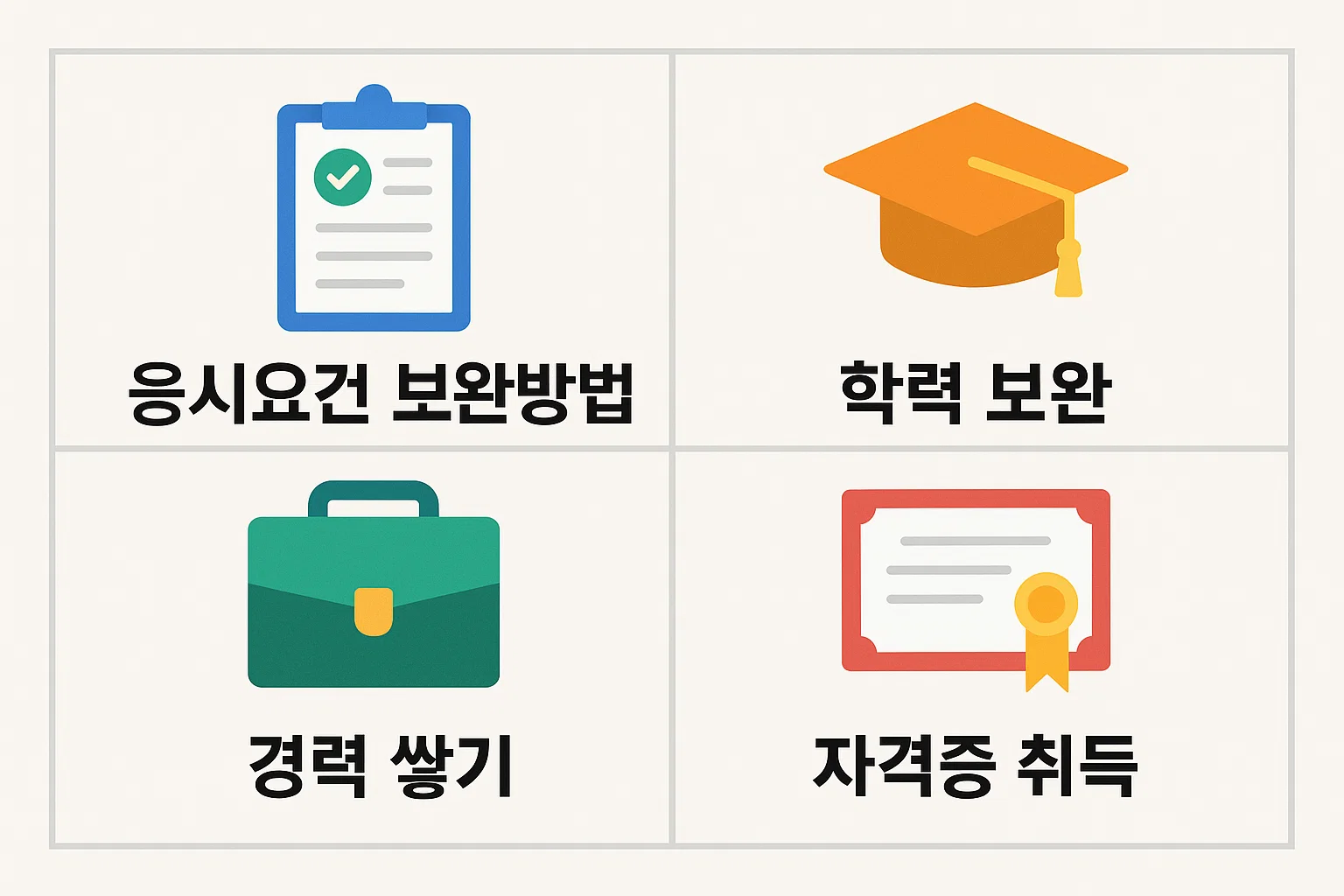 응시자격이 부족한 경우 학력 보완, 경력 쌓기, 자격증 취득 등 조건을 충족하기 위한 현실적 보완 방법을 단계별로 설명한 2025년 기준 인포그래픽