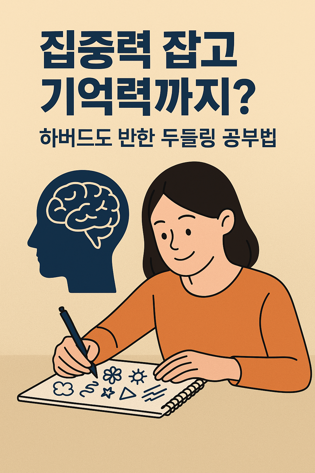 집중력 잡고 기억력까지? 하버드도 반한 두들링 공부법”이라는 문구와 함께, 노트에 낙서를 하며 공부하는 여성의 일러스트. 옆에는 뇌 모양 아이콘이 함께 배치되어 있어 두들링의 학습 효과를 시각적으로 표현함
