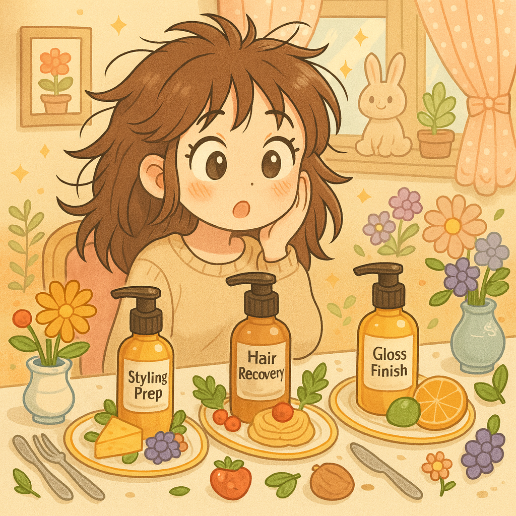 애니메이션 스타일의 귀여운 일러스트. 퍼석한 머리카락의 소녀가 테이블 앞에 앉아 있으며, 테이블 위에는 ‘Styling Prep’, ‘Repair’, ‘Shiny Finish’라고 적힌 세 가지 헤어 에센스 병이 3코스 요리처럼 플레이팅되어 있다. 주변에는 아르간 열매, 오렌지, 아보카도, 꽃 같은 장식이 놓여 있어 아기자기한 분위기를 더한다.