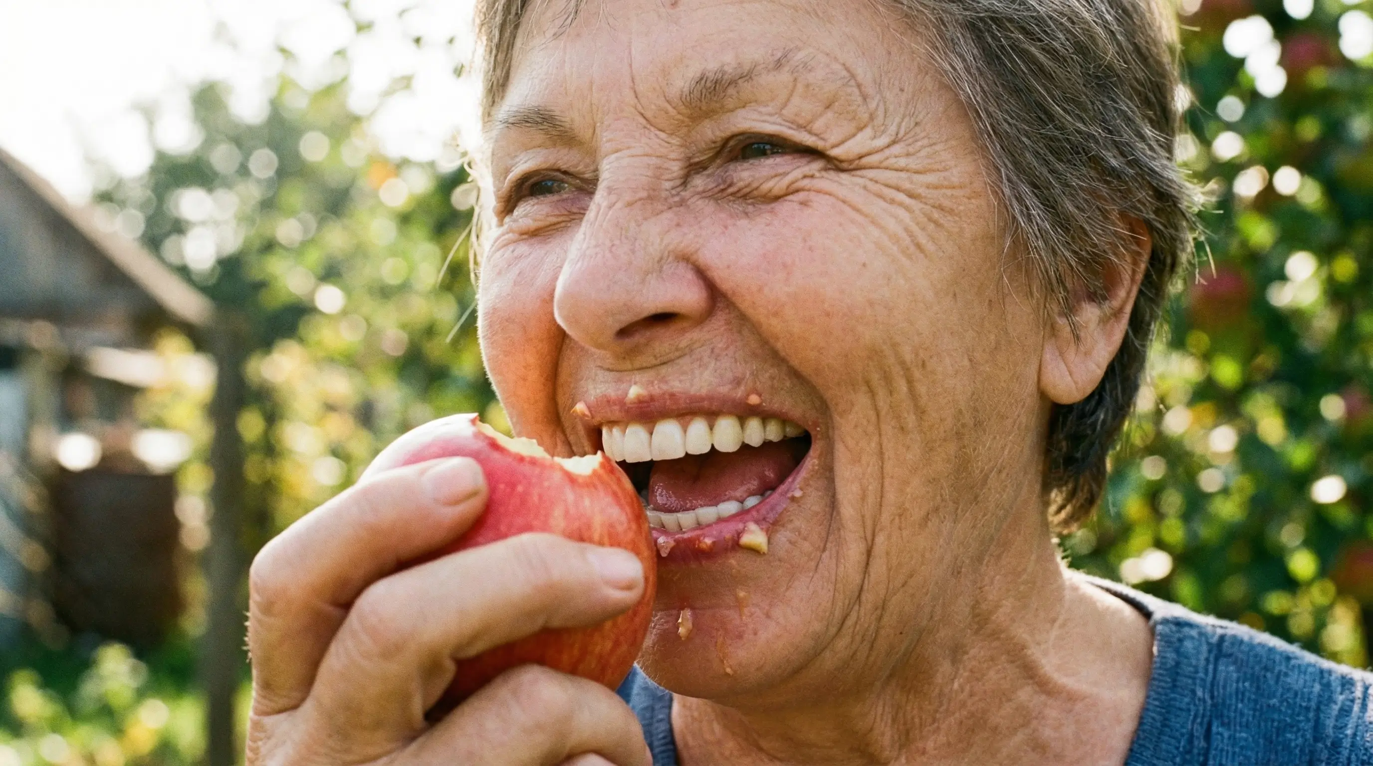 새로운 틀니를 끼고 활짝 웃으며 사과를 베어 무는 건강한 어르신의 모습