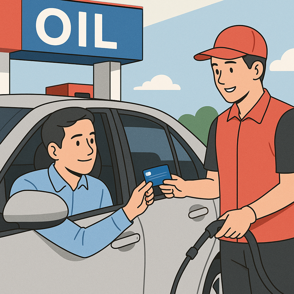 주유소에서 직원이 차량에 오일을 주유하는 동안 운전자가 창문을 열고 블루멤버스 포인트 카드를 직원에게 건네는 장면 일러스트, 주유소 간판에는 OIL이라고 표시된 모습