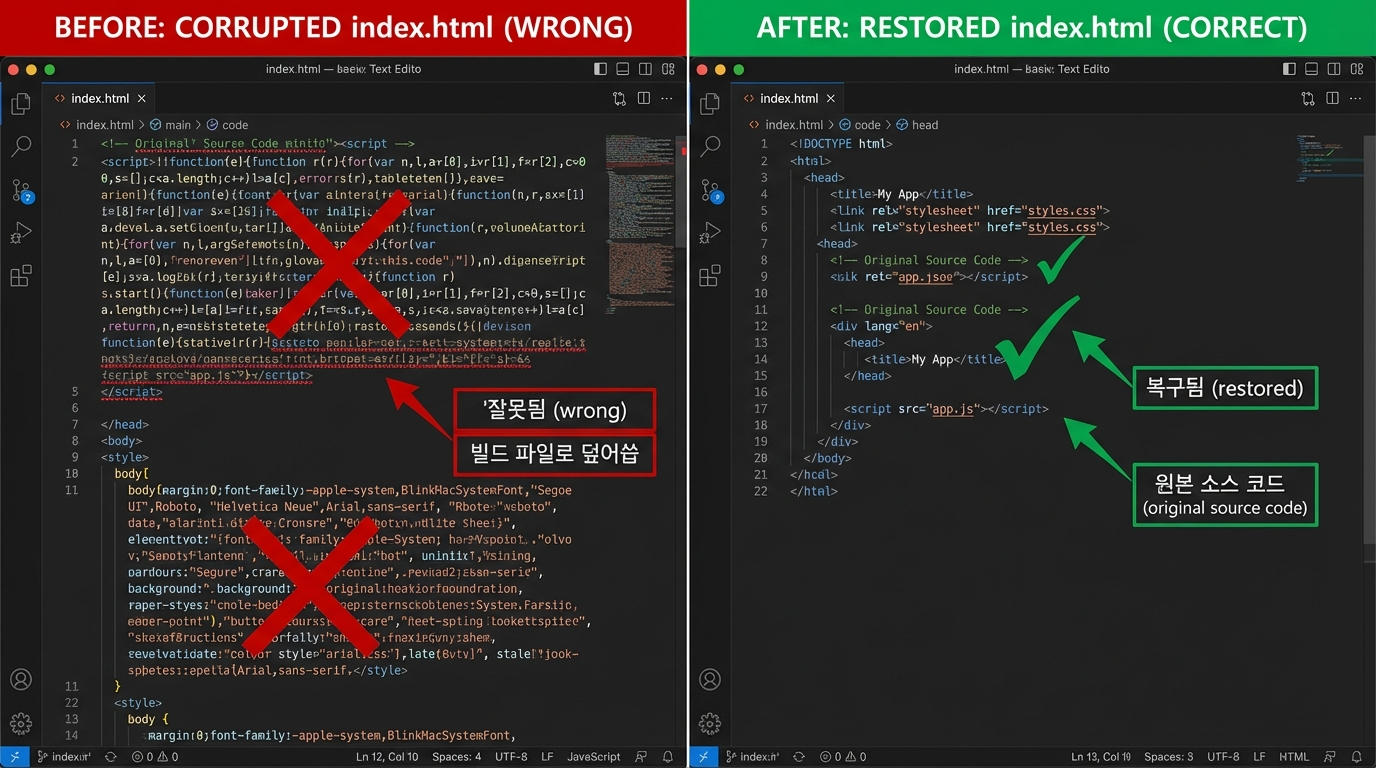 빌드된 파일로 잘못 덮어씌워진 index.html의 스크립트 태그와 원래의 개발용 코드로 복구하는 과정을 비교한 화면