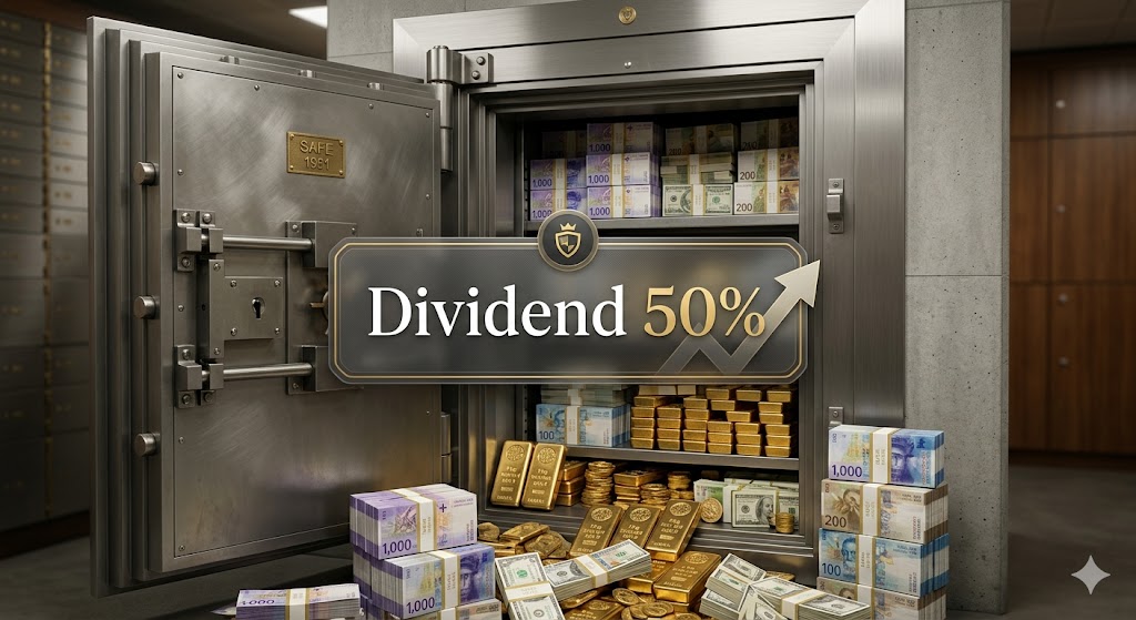 금고 안에 가득 찬 골드바나 현금 위로 'Dividend 50%'라는 문구가 세련되게 배치된 이미지