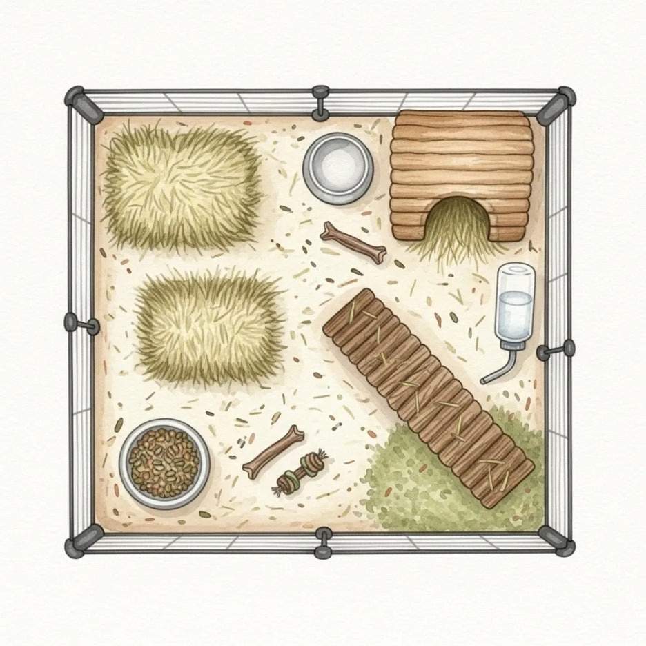 다양한 용품으로 깔끔하게 꾸며진 기니피그의 집