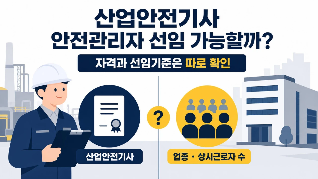 산업안전기사로 안전관리자 선임이 가능한지 업종과 상시근로자 수 기준을 설명하는 이미지