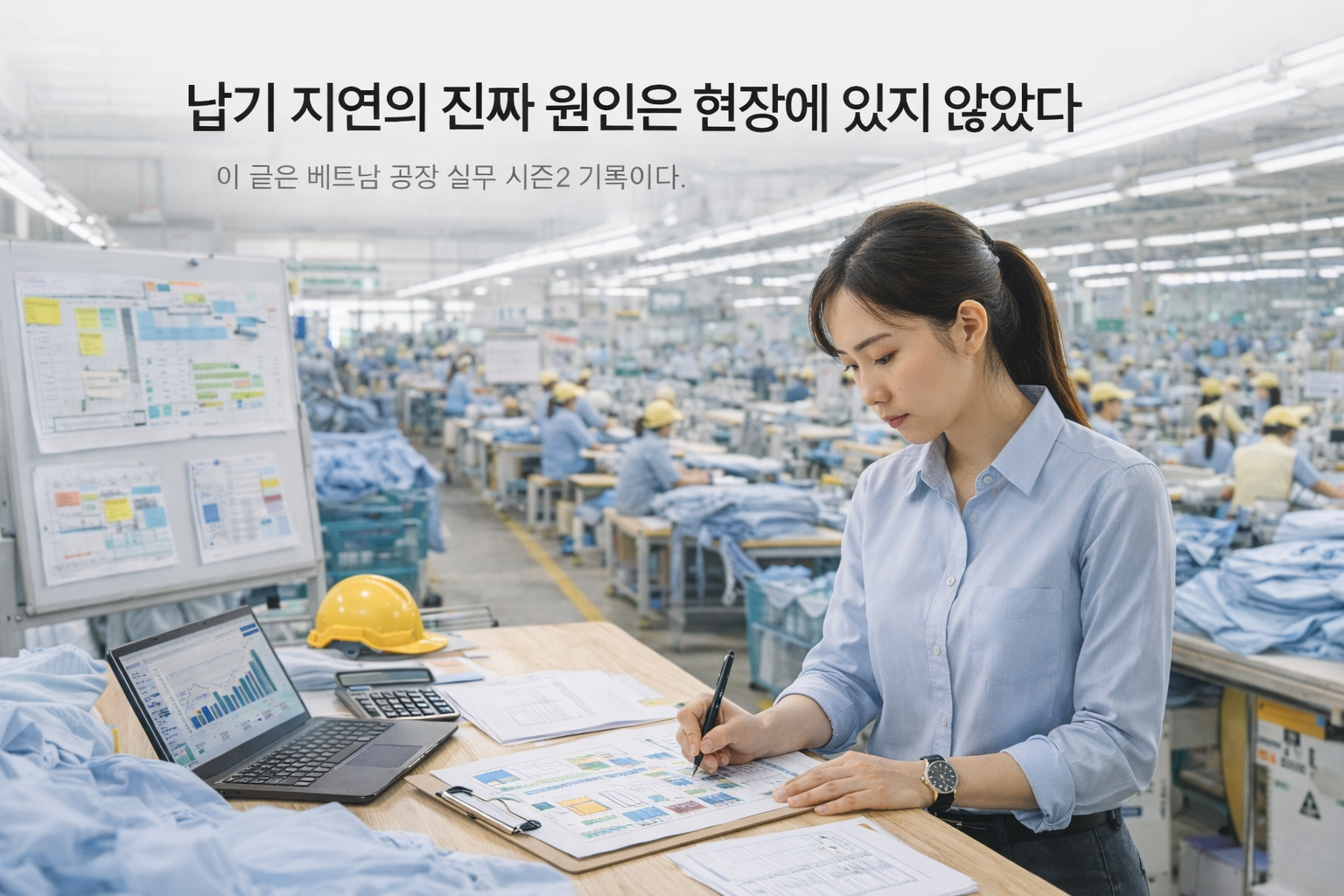 베트남 의류 공장에서 생산 데이터를 점검하는 여성 관리자 모습