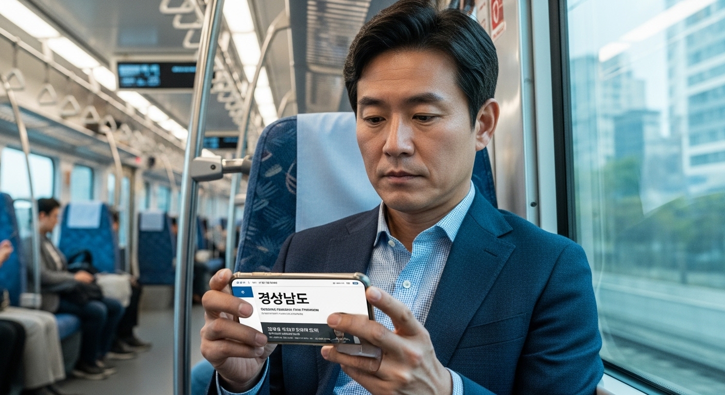 40세~55세 경남도민이 휴대폰으로 연금 정보를 검색하는 모습