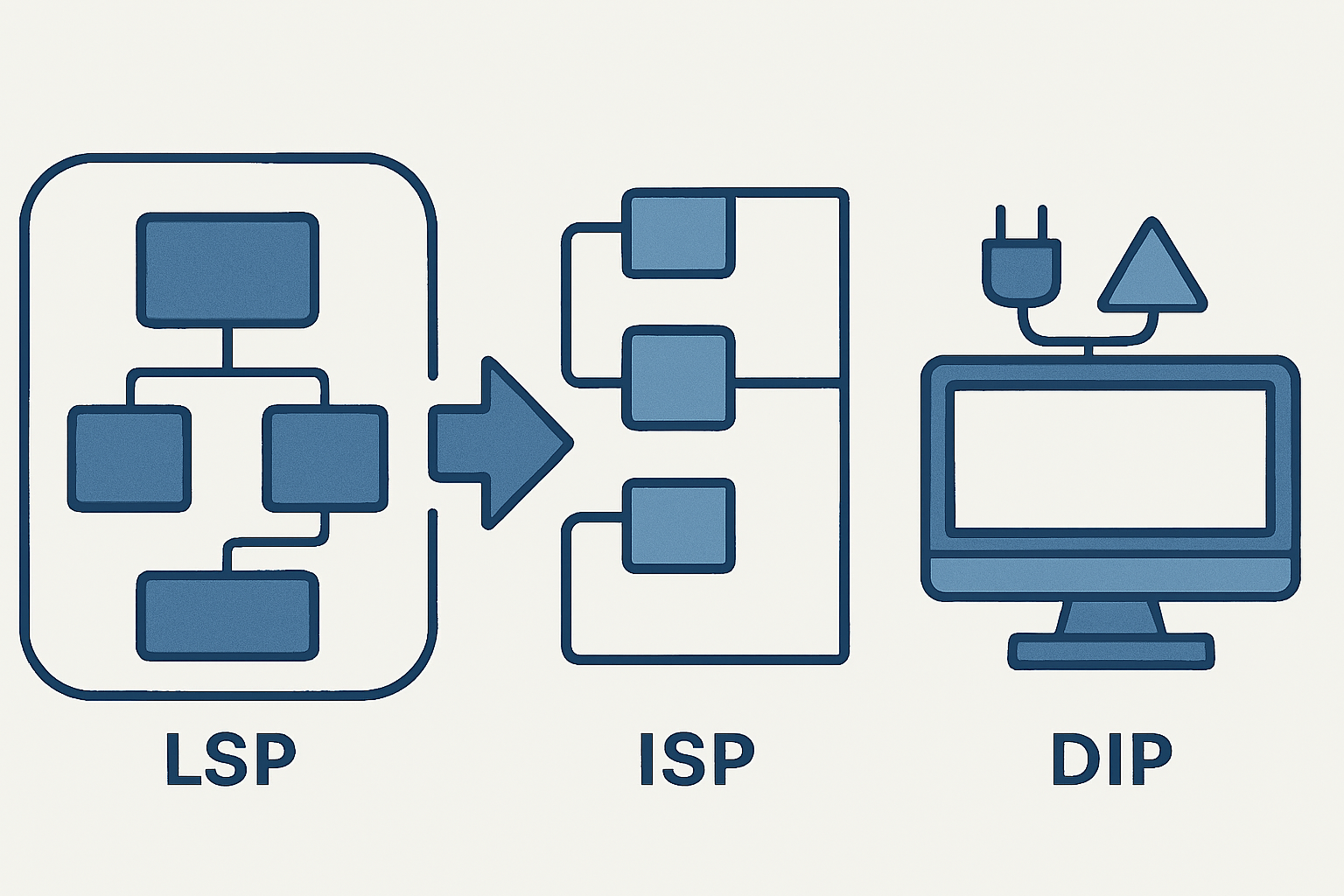 SOLID 원칙의 세 가지 축이 논리적 흐름으로 연결된 구조적 일러스트