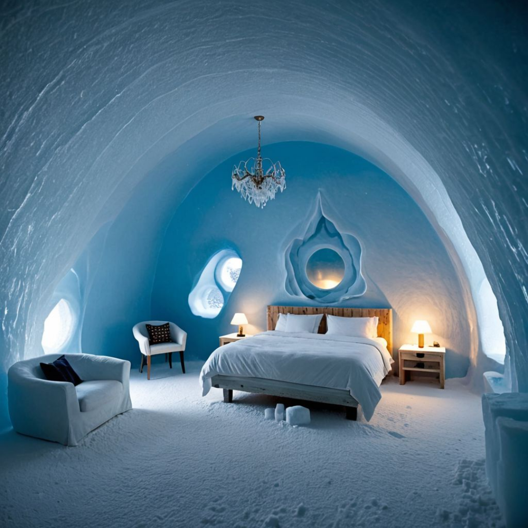 눈과 얼음으로 이루어진 고급스러운 이글루 스타일의 호텔 객실 내부