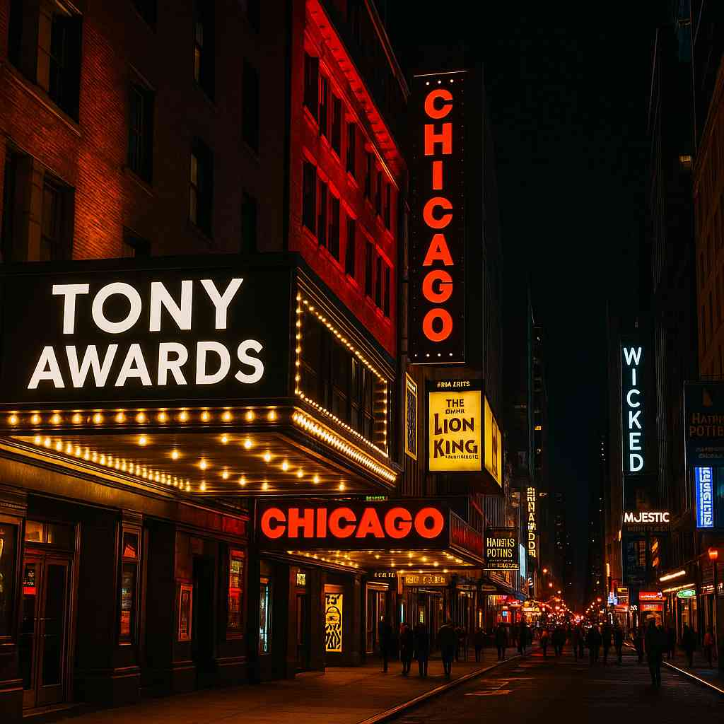 브로드웨이 극장가의 야경, 토니상 관련 뮤지컬 간판들이 빛나는 모습