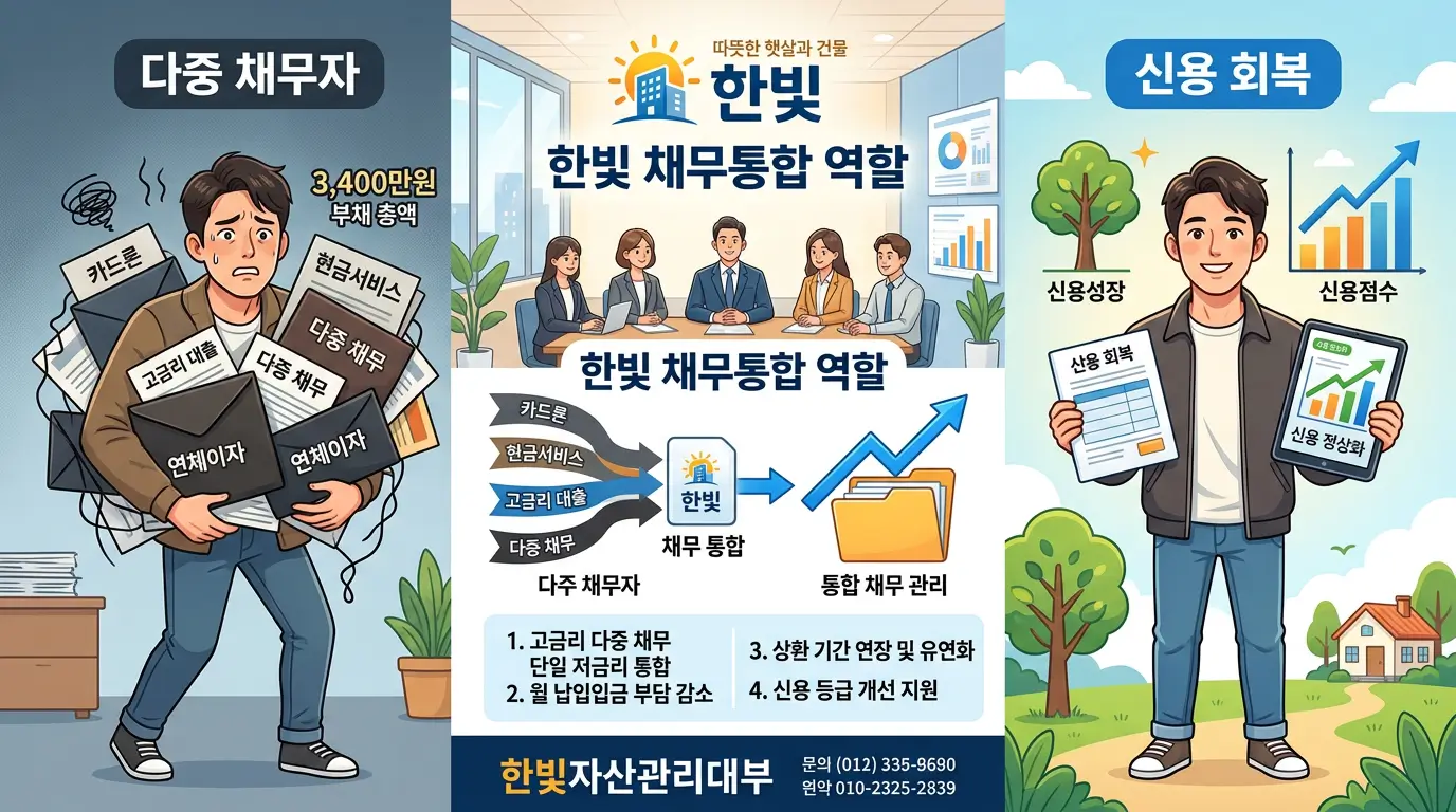 과도한 다중 채무자를 위해 빚을 하나로 통합하고 신용을 회복시켜 주는 한빛 자산 관리 대부의 채무통합 역할
