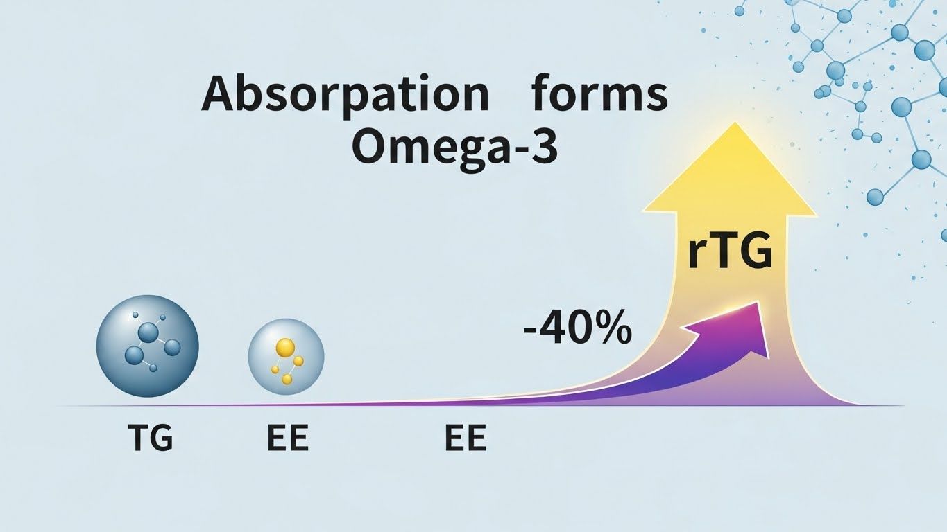 다양한 오메가-3 형태(TG, EE, rTG)의 흡수율을 비교한 명확하고 설명적인 인포그래픽 또는 다이어그램입니다.