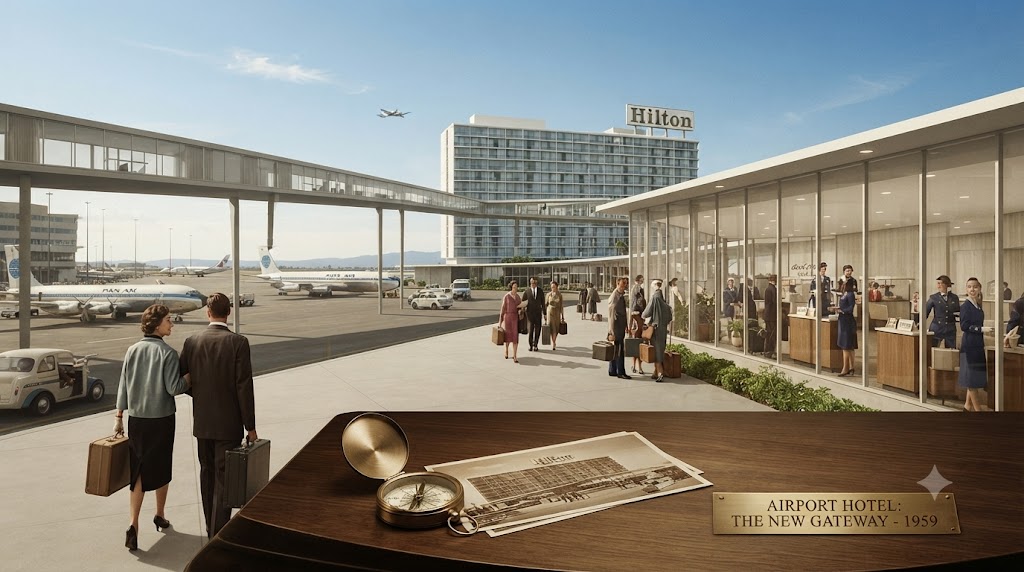 1959년 샌프란시스코 국제공항 인근에 개관한 힐튼 공항 호텔의 확장된 아카이브 전경. 와이드 앵글을 통해 공항 터미널과 연결된 육교, 분주한 로비, 그리고 활주로에 착륙하는 제트기가 한눈에 들어온다. '장소의 완벽함'을 추구한 리츠와 달리, '이동하는 사람을 시스템이 따라간다'는 힐튼의 실용주의 철학을 상징하는 초기 사례다. 전경의 황금색 돋보기가 이러한 혁신의 가치를 강조한다.