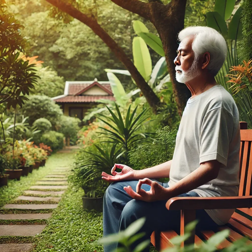조용하고 평온한 정원에서 마음 챙김 명상을 통해 스트레스를 줄이고 치매 예방을 위한 정신적 휴식을 취하는 노인&amp;#44; 자연 속에서 벤치에 앉아 있는 모습