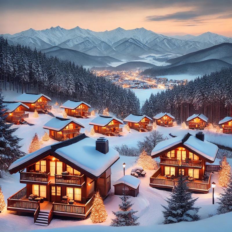 A beautiful winter resort in the mountains of South Korea, 한국 느낌 겨울 스키 리조트