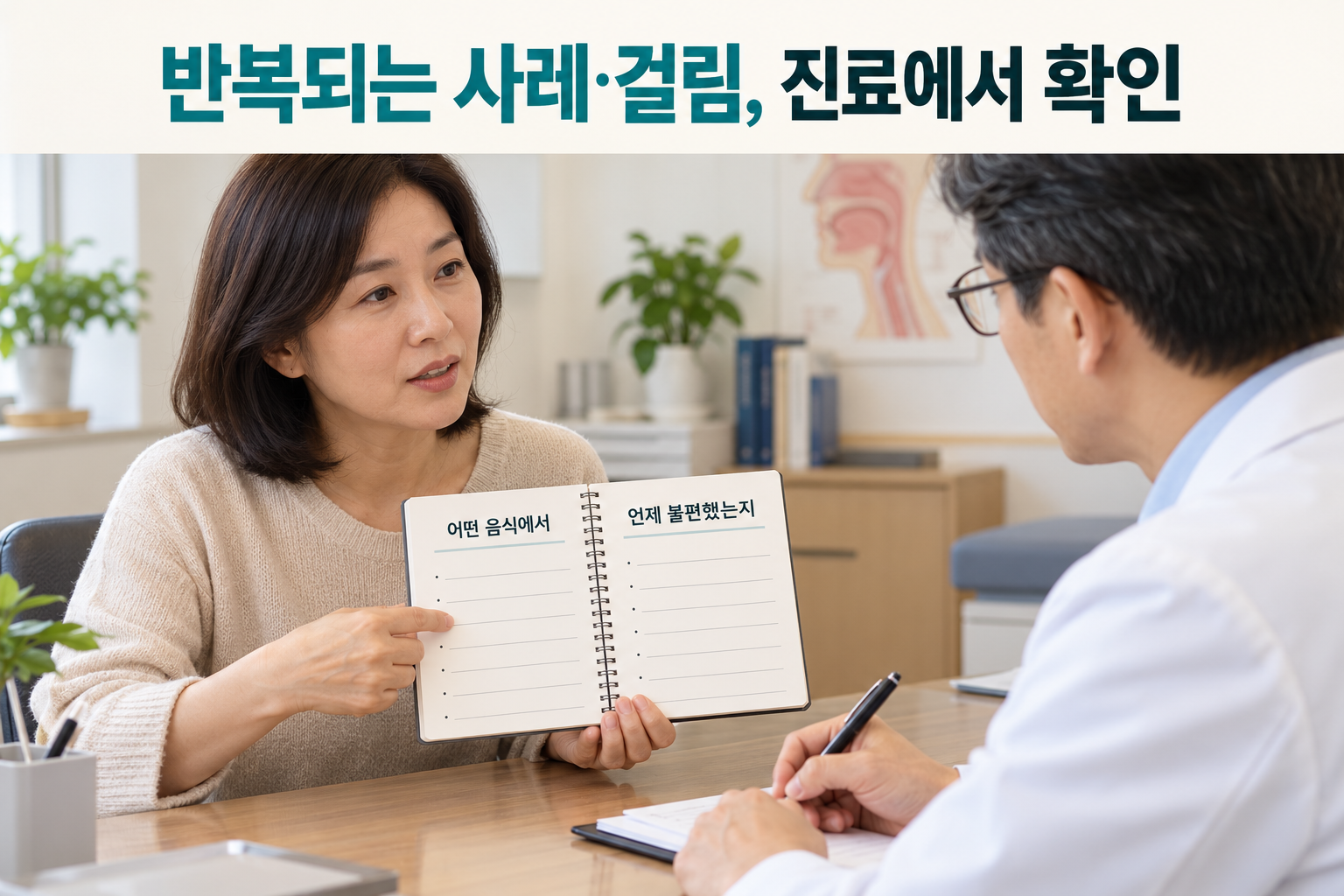 식사 중 불편했던 음식과 시점을 적은 기록을 의료진에게 보여주는 성인