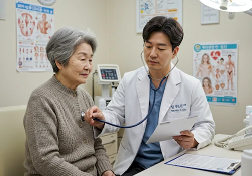  내과 의사가 노년의 대상포진 환자를 청진기로 진찰하며 전반적인 건강 상담을 하는 따뜻한 분위기의 진료실 모습