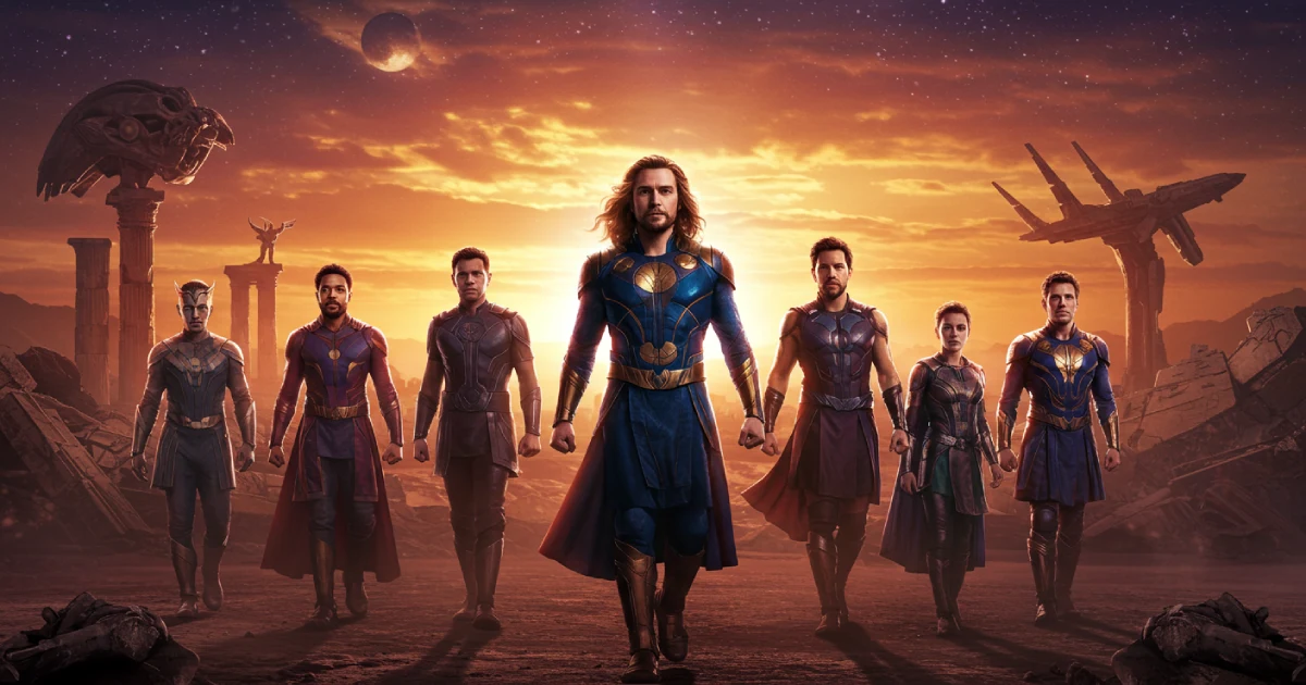 이터널즈 팀이 우주적 배경 앞에 서 있는 장면, 신화적 분위기 강조