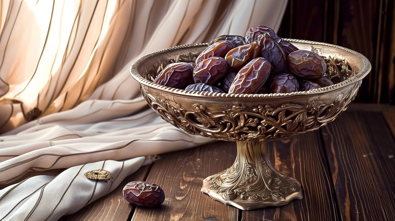 아라비아 전통 금빛 그릇에 담긴 대추야자. 따뜻한 햇살이 비치는 커튼 옆에서 촬영된 이 장면은 중동의 풍요와 환대를 상징하며, 라마단 단식 후 에너지 보충에 쓰이는 대표적인 건강 식품의 아름다움을 담고 있다.