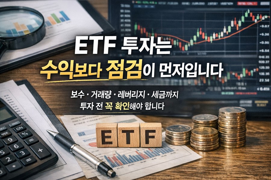 ETF 투자 시 운용 보수, 거래량, 레버리지 상품의 위험성, 배당 ETF 세금 문제를 투자 전에 점검해야 한다는 내용을 설명하는 블로그 이미지