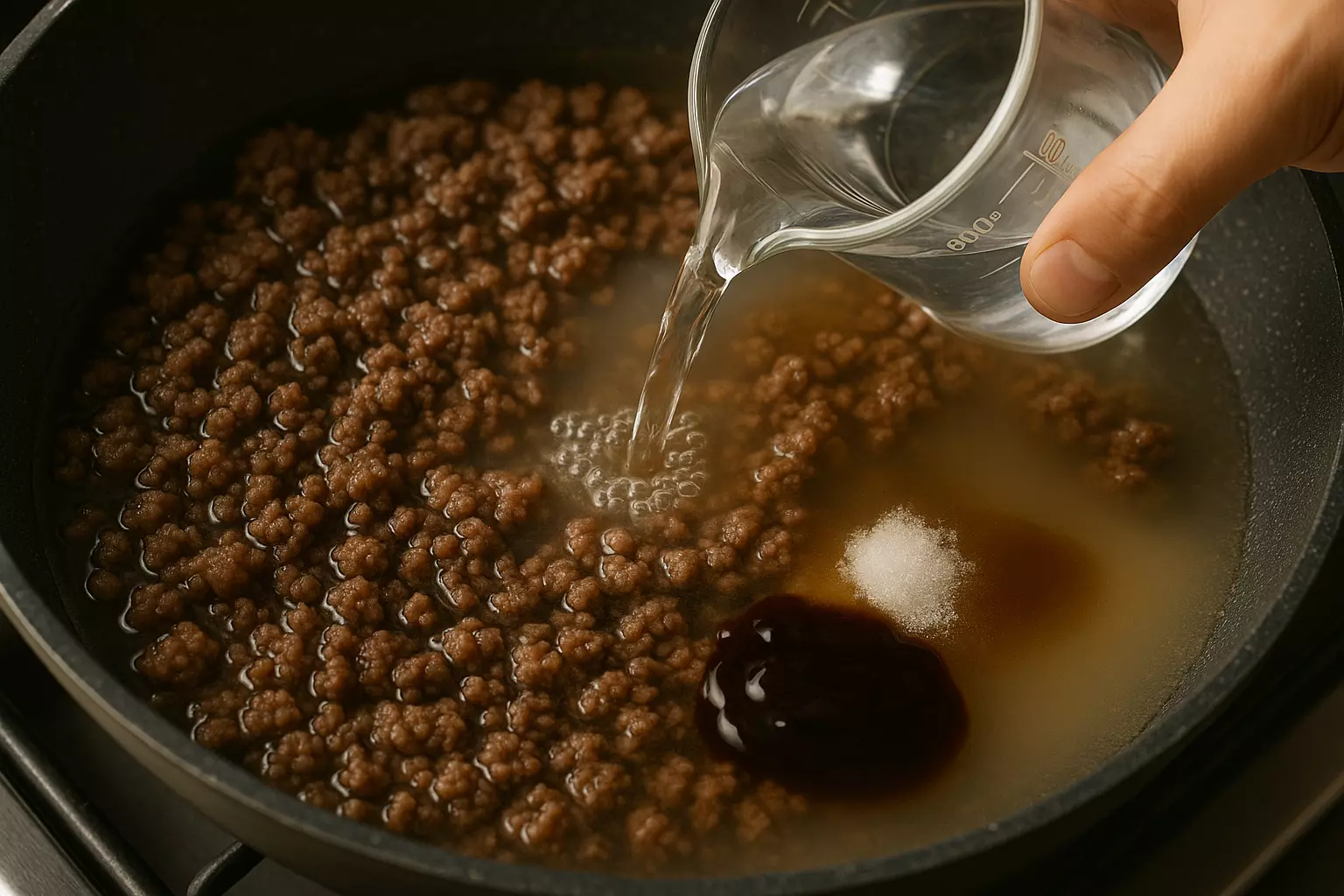 “팬에 물과 굴소스, 설탕 등을 넣어 자작하게 끓이기 시작한 이장우 장조림비빔밥 조리 모습”