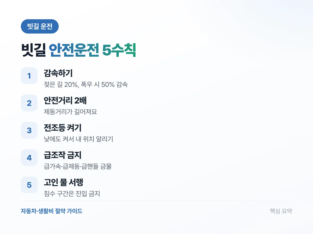 빗길 안전운전 5수칙 요약 인포그래픽: 감속, 안전거리 2배, 전조등 켜기, 급조작 금지, 고인 물 서행