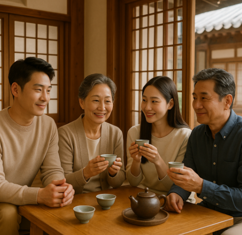 찻집 투어를 하면서 차를 마시고 있는 가족