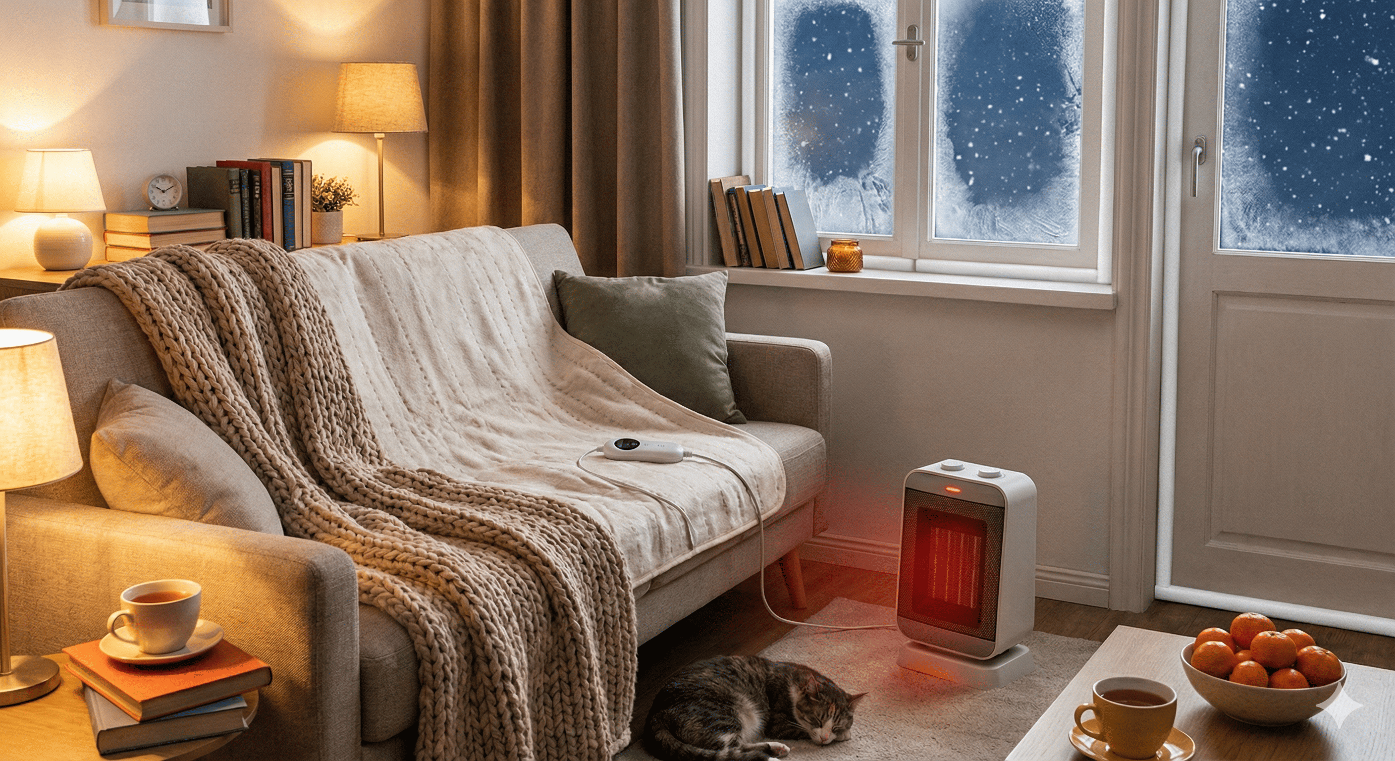 home interior with electric pad, ceramic heater, and draft stoppers