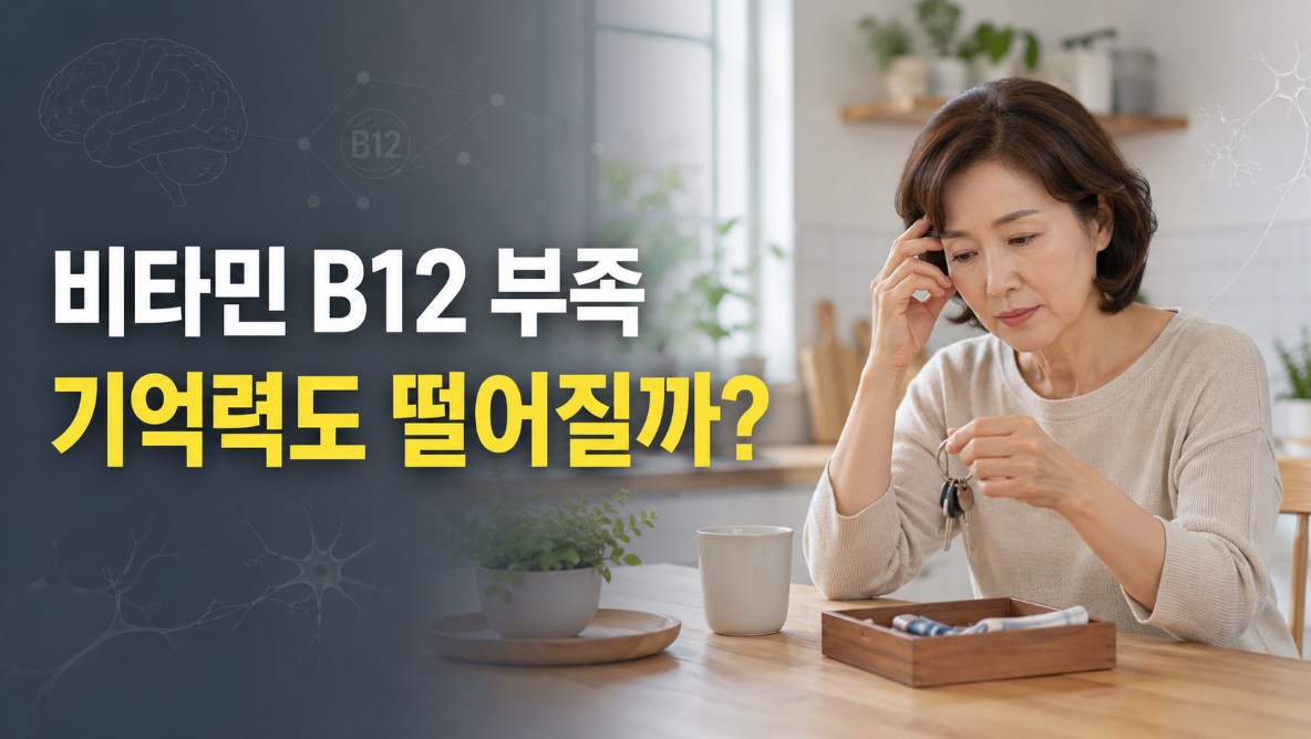 식탁 옆에서 열쇠를 찾으며 생각에 잠긴 중년 여성과 신경 연결을 상징하는 그래픽
