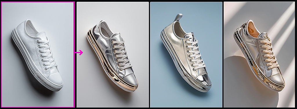 Midjourney Retexture, 스니커즈를 Y2K 메탈릭 실버 스타일로 변환한 예시_Midjourney