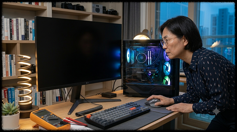 Windows 종료 후에도 본체 조명과 팬이 계속 작동하는 컴퓨터를 확인하는 모습